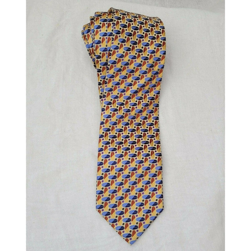 Bruno Piattelli Mens Silk Neck Tie Gold Blue Yellow Geometric Pattern Oval 100%